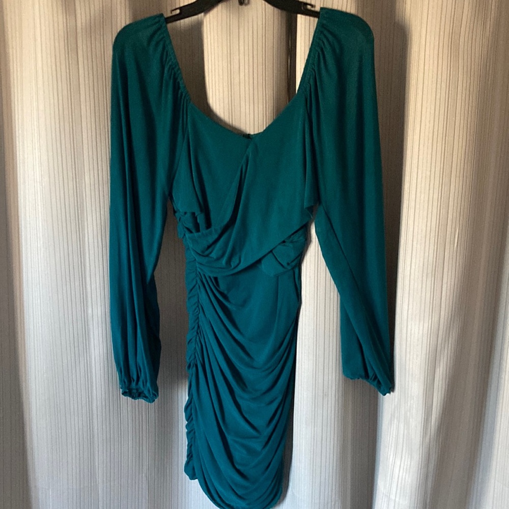 Teal long sleeve ruched dress